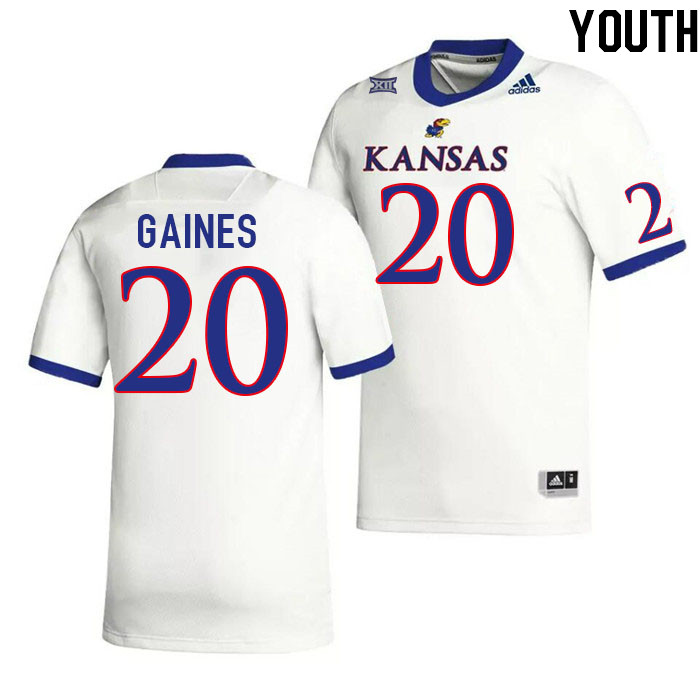 Youth #20 Donovan Gaines Kansas Jayhawks College Football Jerseys Stitched Sale-White - Click Image to Close